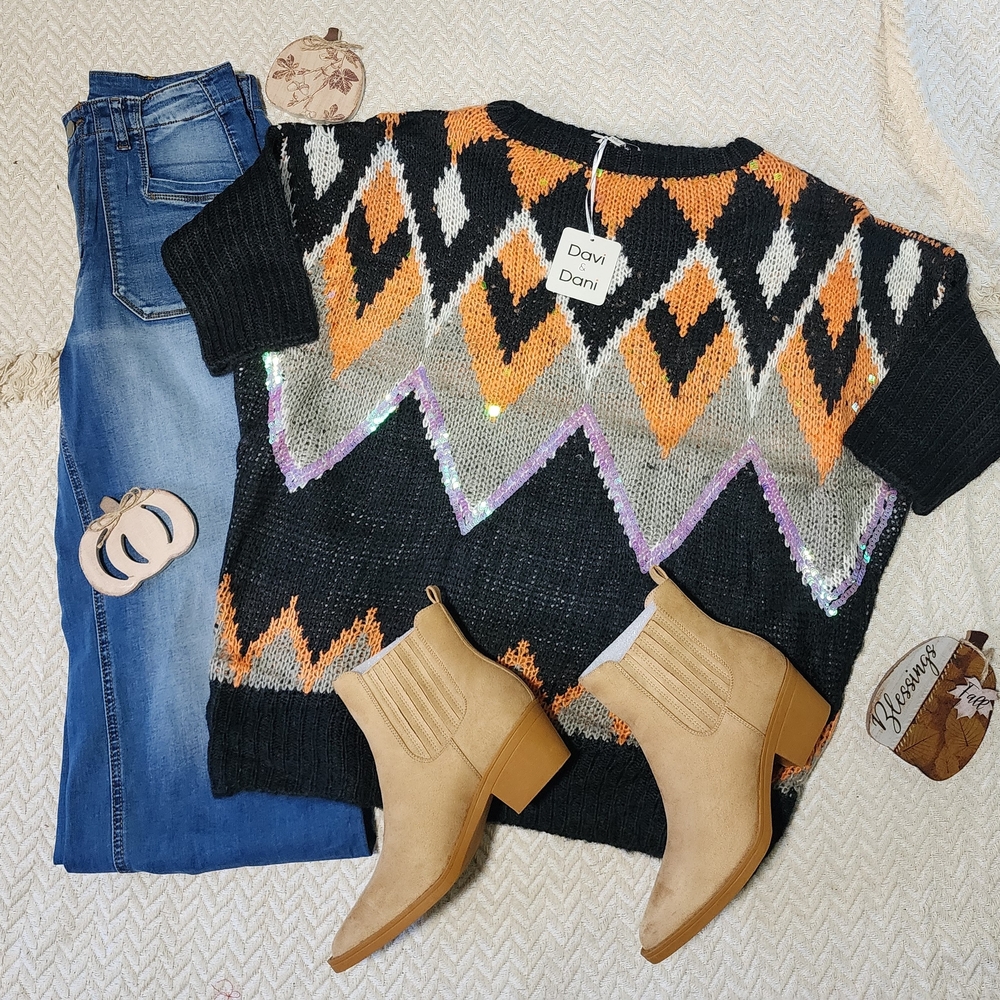 DAVI & DANI Colorblock Sequin Halloween Aztec Boho Short Sleeve Sweater